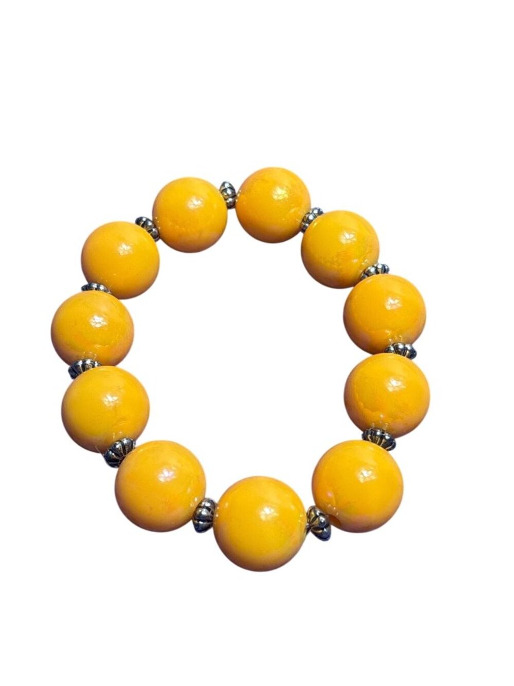 Orange Plastic Silvertone Beaded Stretchy Bracelet 6.25 inches Unstretched